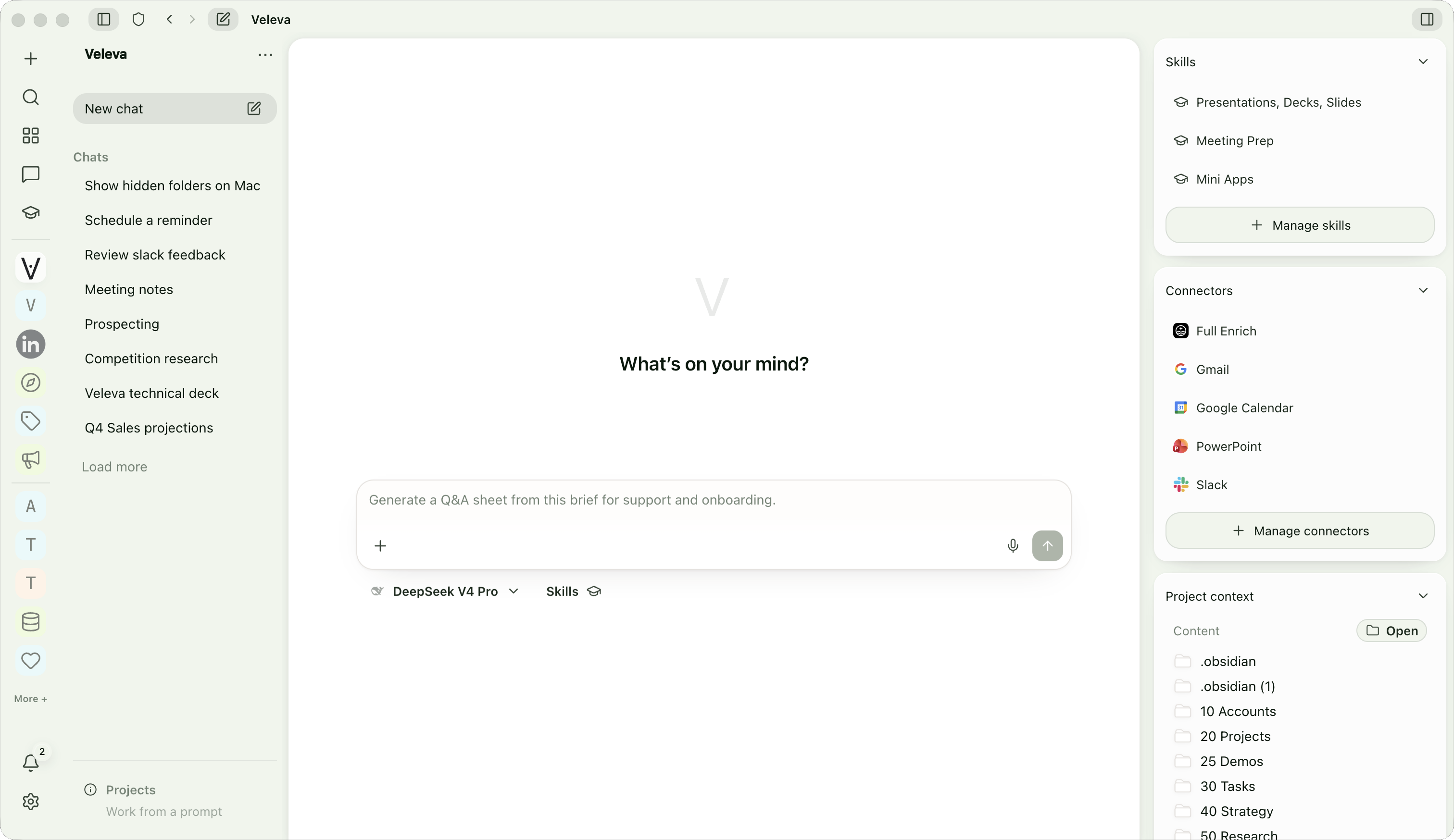 Veleva employee workspace with chats, skills, connectors, project context and model selection