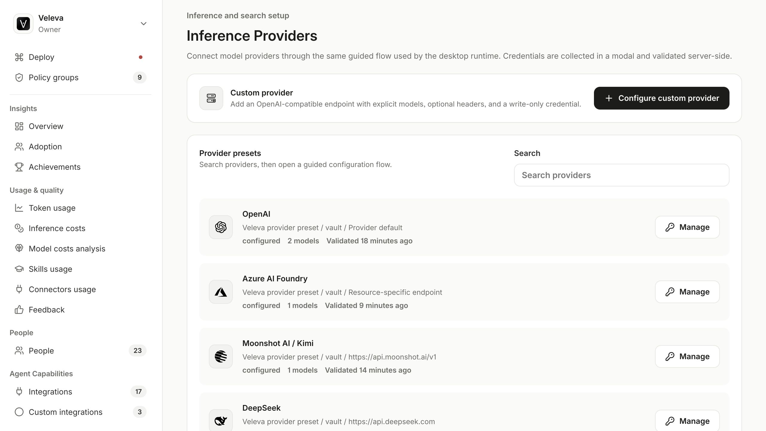 Veleva inference provider management across cloud and local providers